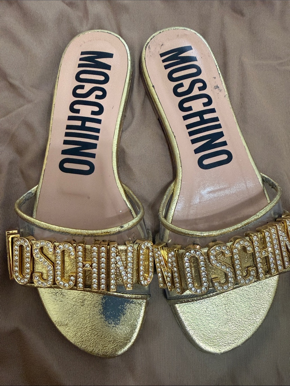Authentic Moschino Gold Crystal Logo Slide Mules